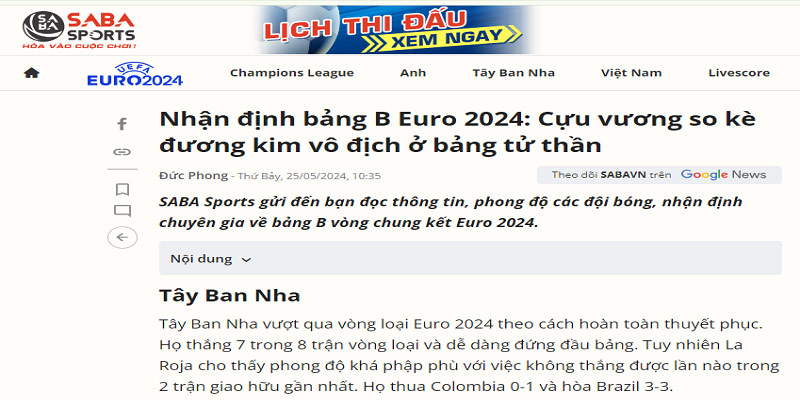 Saba Sports nói gì về bảng B Euro 2024?